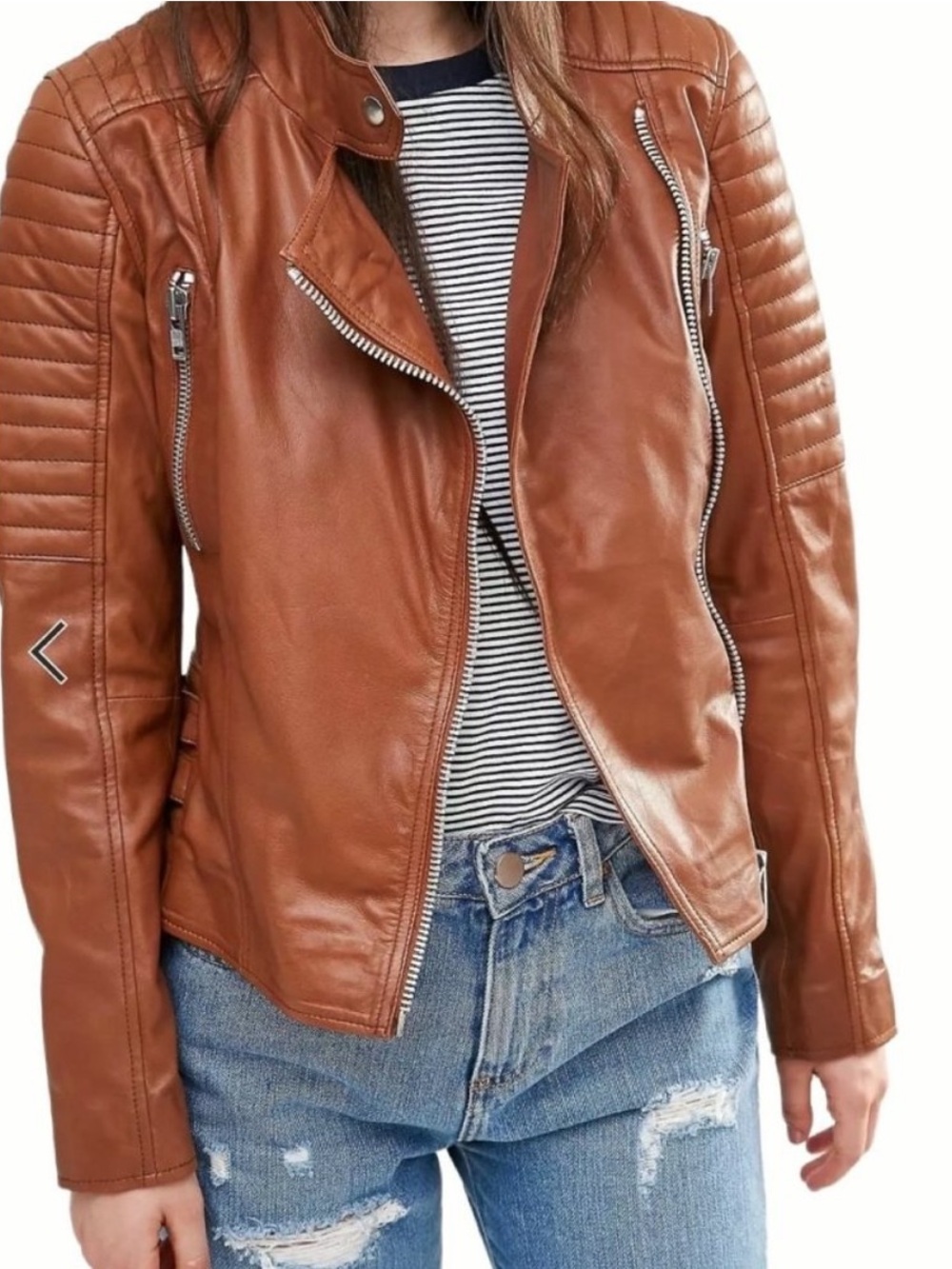 BARNEYS ORIGINALS Brown Leather Quilted Moto Fitted Jacket